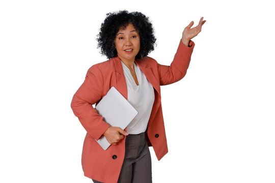 Mature businesswoman holding laptop and gesturing, explaining or presenting information with confidence, transparent background