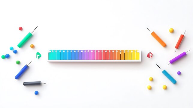 Colorful pH scale illustration with test strips and chemical indicators on white background