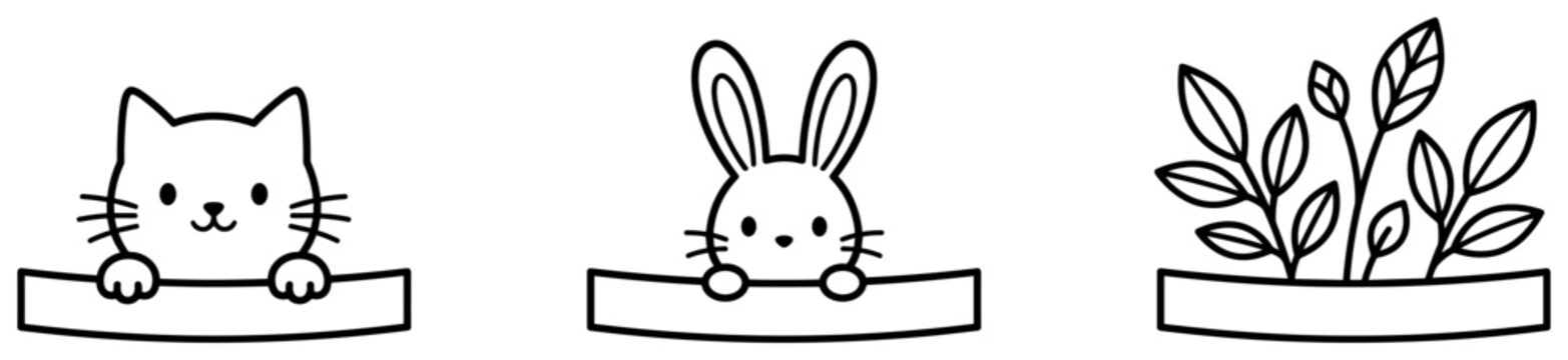 Cute cat, bunny, and plant peeking over a blank banner or border for personalized text.