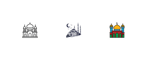 Minimalist black and white line art vector icon depicting a classic dome shaped mosque. © humayra