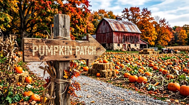 fall seasonal decor, a rustic wooden sign marks the path to a cozy pumpkin patch surrounded by autumn leaves