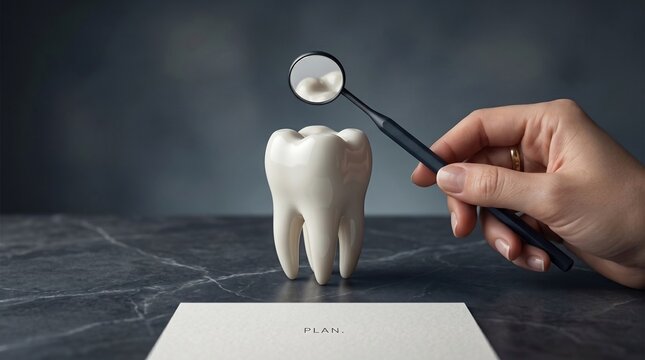 Dentist examining a large white tooth model with a mirror near a treatment plan document on a dark marble surface for professional dental care concept