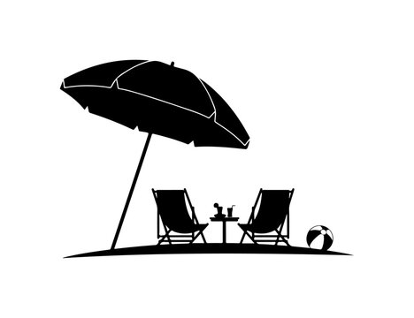 Silhouette of umbrella, beach chair and parasol on tropical seaside with sun, sand and ocean, summer vacation illustration of relaxing resort leisure furniture scene