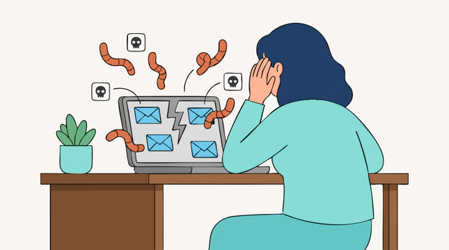 Distressed woman facing cyber attack with malware worms on her laptop