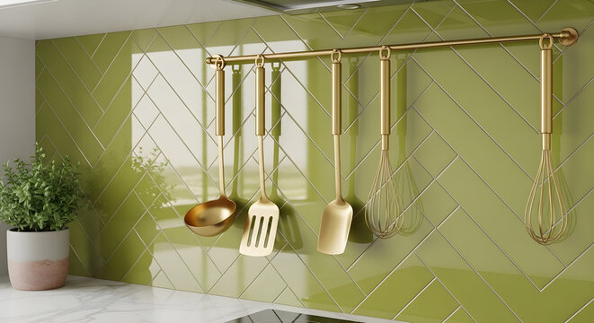 Modern kitchen interior with green herringbone tile backsplash and golden hanging cooking utensils