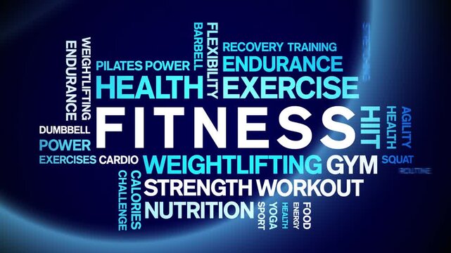 Fitness animated word cloud-text design animation tag kinetic typography seamless loop.