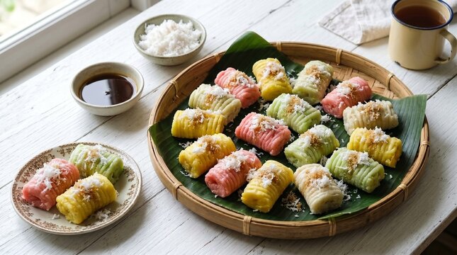 Colorful traditional Indonesian getuk lindri steamed cassava cakes topped with shredded coconut and brown sugar served on a banana leaf rattan tray with a vintage enamel mug.