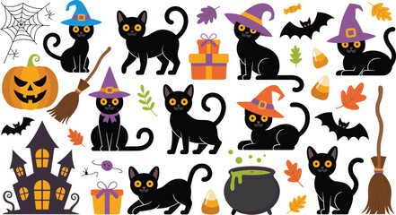Obraz premium Vector collection of Halloween illustrations featuring black cats, pumpkins, cauldrons, bats, candy corn, haunted house, and witch hats