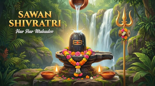 1A captivating sawan shivratri scene featuring a shiva lingam bathed in light against a backdrop of cascading waterfalls, symbolizing purity and divine grace in natures emb