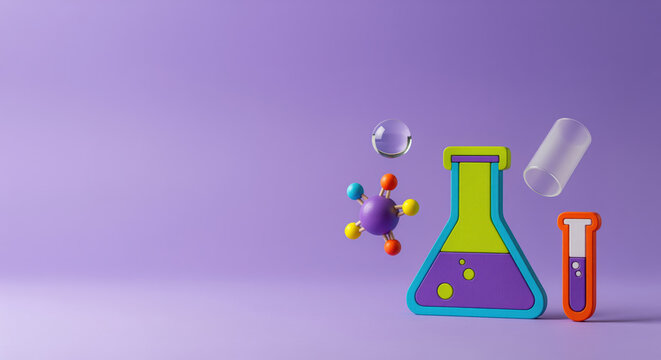 Biotechnology research program development platform or biochemistry school curriculum training promotion layout with laboratory flask symbol for clinical sample analysis timeline backdrop