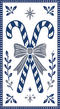 Festive blue and gray candy canes tied with a bow, surrounded by winter foliage