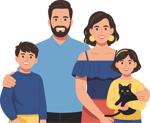 Fototapeta premium Happy Family with Pet Cat Vector Illustration, Parents Children and Domestic Companion Portrait Design