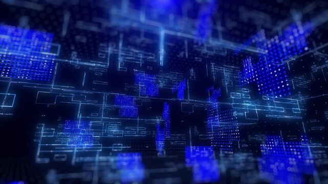 AI Digital Technology Background with Futuristic HUD Screen Interface. Blue Data Matrix Flow, Network Connections, and Big Data Analytics Dashboard Animation. Perfect for Tech Corporate Video.