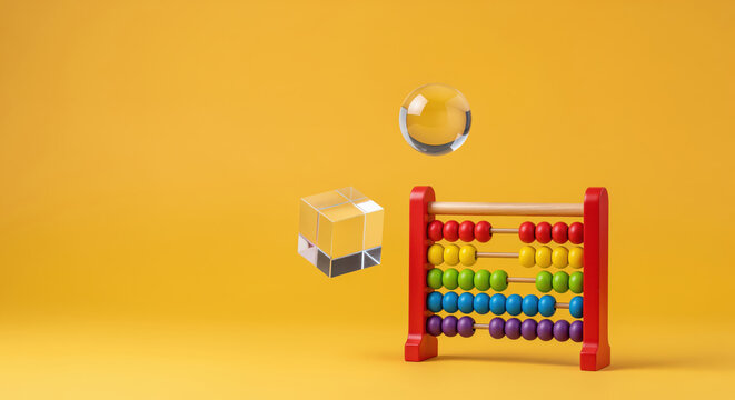Mental arithmetic training program layout or early math counting proficiency enhancement application marketing banner featuring classic colorful wooden abacus scorekeeper device on clean backdrop