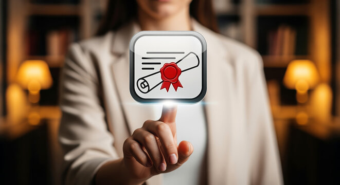 Notary public document legalization or translation service certification verification with female expert pressing digital stamp scroll icon interface for legal license validation process