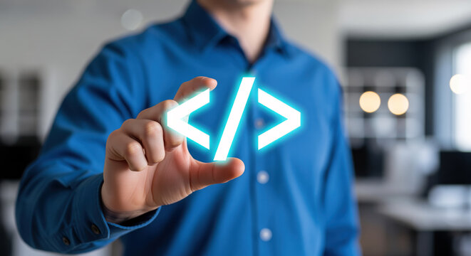 Source code training shown as glowing brackets in a developer hand, programming class, web development lesson, data script review and automation testing for learning technology skill