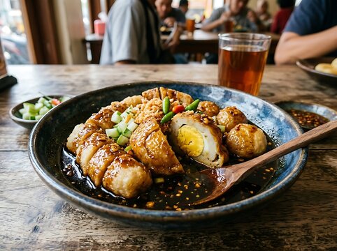 A close-up view of a delicious Indonesian dish, Pempek, served with a side of cucumber and chili sauce, perfect for a satisfying meal