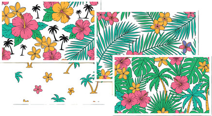 Tropical Seamless Pattern Background Bundle with Palm Trees Hibiscus Flowers Monstera and Frangipani for Summer Hawaiian Beach Textile Designs © Masud