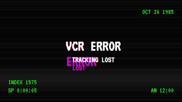 Retro VCR error screen animation with pulsating pixelated text, glitching horizontal scan lines, and vintage 1985 timestamp, creating an authentic nostalgic aesthetic, symbolizing data corruption
