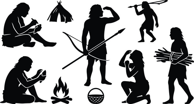 Prehistoric Caveman Silhouette Set with Primitive People Hunting Gathering Making Fire and Crafting Tools