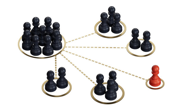 3D illustration of many pawns segmented in different categories. concept of customer segmentation.Supports PNG files with transparent backgrounds.