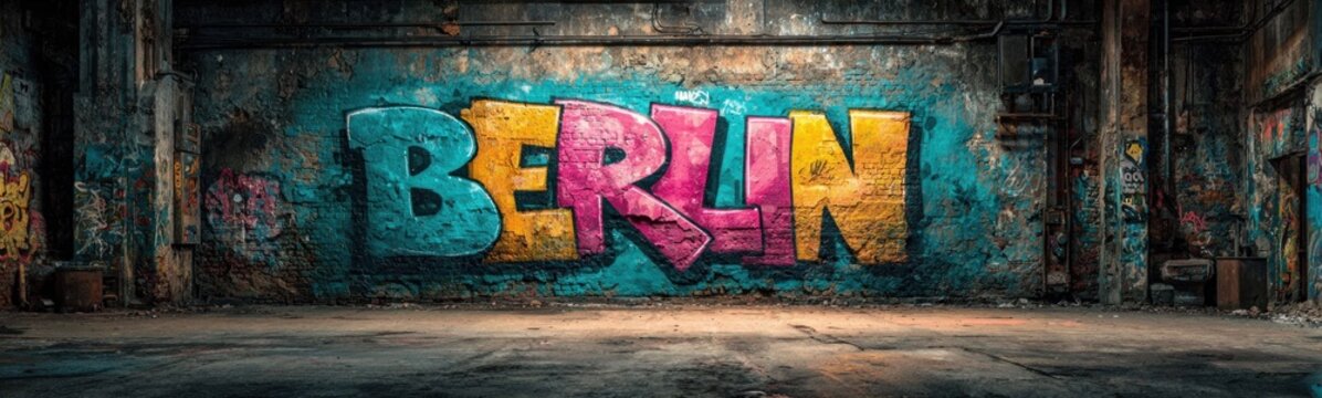 Graffiti berlin on a wall in a building with a bench in front of it