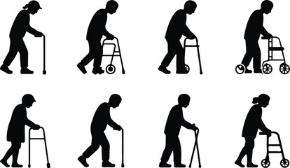 Naklejka premium Black silhouette collection of elderly people using canes walkers and mobility support equipment