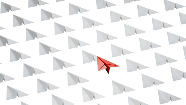 Different business concept.new ideas. paper art style. creative idea. red leader plane, standing out from the crowd of white planes.Supports PNG files with transparent backgrounds.