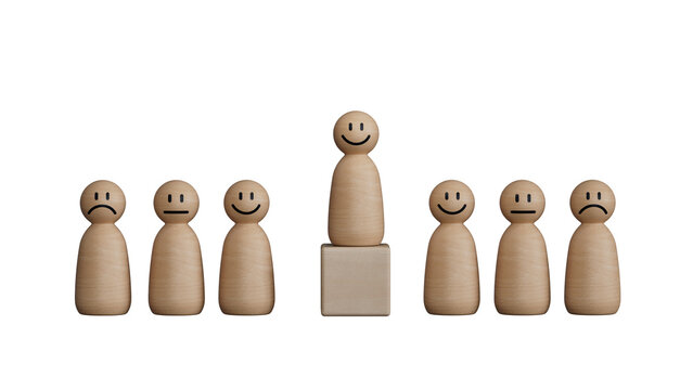 Select happy face wooden figure. Customer service rating experience and feedback emotion and satisfaction survey. Human Resources management choosing positive attitude to team leader.