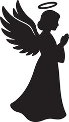 Naklejka premium Angel silhouette, black angel, praying angel, halo icon, winged figure isolated on Transparent Background