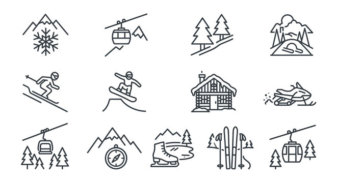 Winter mountain resort and ski activity icons.
