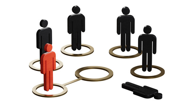 3d illustration of a broken white Wooden doll surrounded by entire ones. Concept of organizational restructuring.Supports PNG files with transparent backgrounds.