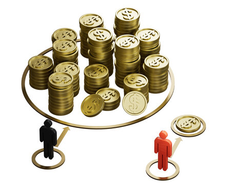 Two dolls and symbolic golden coins Concept of economic or income inequality and economic gap between rich and poor.Supports PNG files with transparent backgrounds.