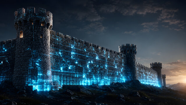 Massive futuristic castle wall glowing with vibrant blue energy.