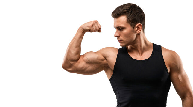 Studio profile view of a muscular young man in a black tank top flexing his large bicep muscle.