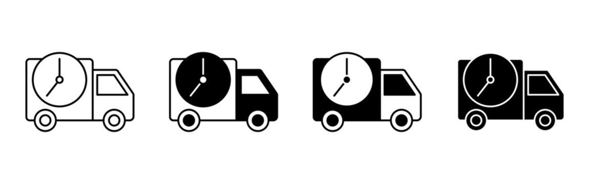 Delivery trucks with clocks representing fast shipping services.