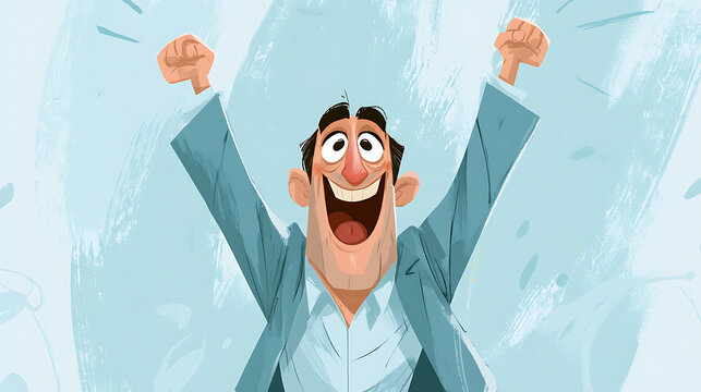 Joyful cartoon businessman celebrating with arms raised in excitement