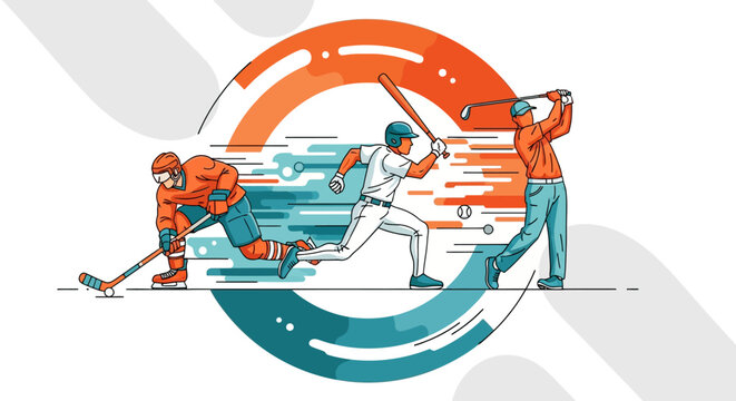 colorful illustration of hockey player, baseball player, and golfer in motion