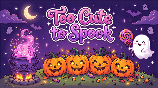 Halloween typography banner too cute to spook pink purple pumpkins