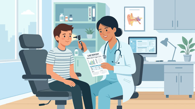 Doctor examines young boy's ear with otoscope in clinic