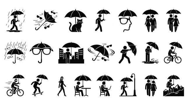 Black and white umbrella silhouettes vector set with people and pets isolated on white background