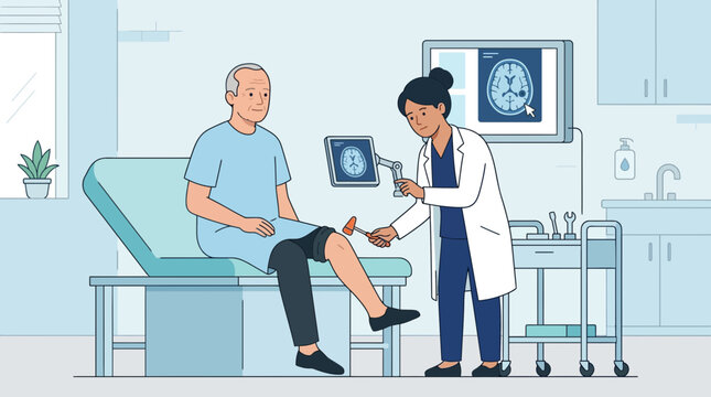 Doctor examines patient's reflex with reflex hammer, brain scan on screen
