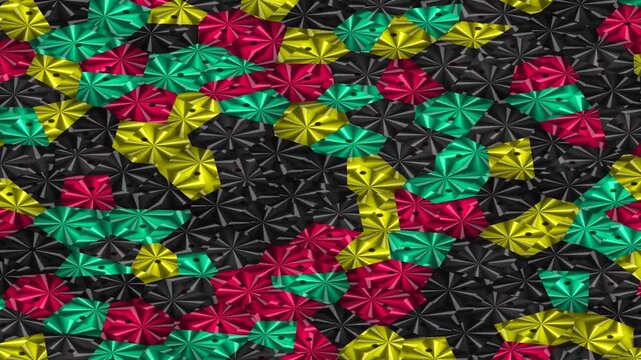 Colorful geometric shapes on black patterned background