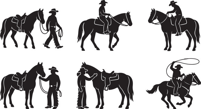 Black cowboy, horse silhouettes, western vector icons, 6 pcs