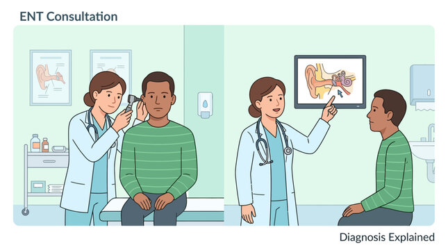 Medical Consultation: ENT Doctor Examining Patient and Explaining Diagnosis