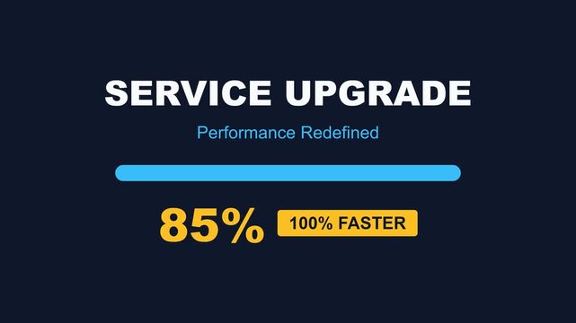 Service upgrade progress bar animation, showing performance improvement percentages from 0% to 85%, symbolizing efficiency, speed, and technological advancement.