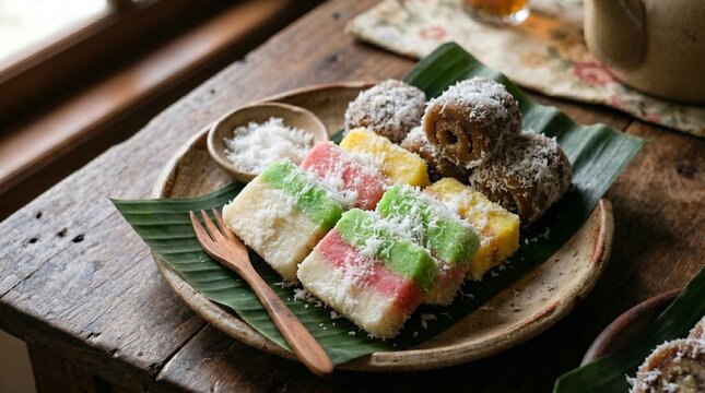 Assorted traditional Indonesian jajan pasar sweets including tricolor lapis singkong and brown sugar getuk gulung rolls with grated coconut on a banana leaf ceramic plate.