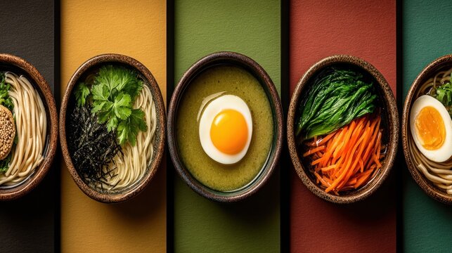 Bowls of food with noodles carrots and an egg food background