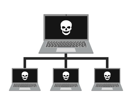 Illustration of cybersecurity concept, world wide computer controlled by a botnet master. Computer network infected with malware, trojan horse, virus, worm and ransomware. Data breach