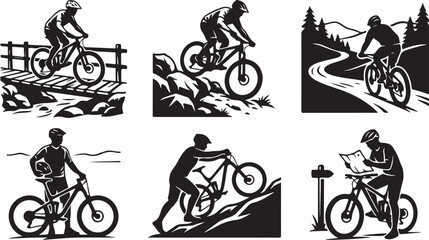 Obraz premium Mountain Biking, Cycling Icons, Bike Illustrations, Black Silhouette Graphics